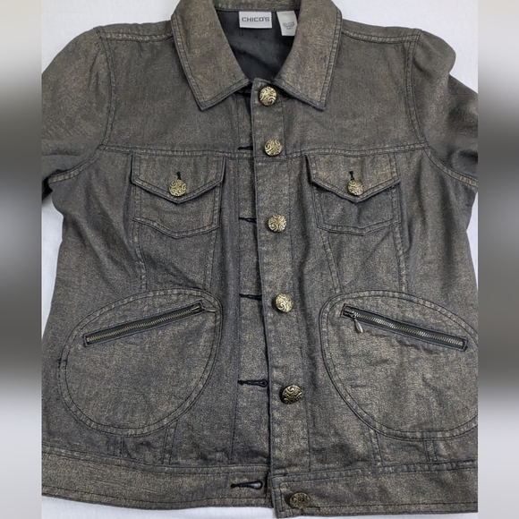 Chico's Shimmer Gold Stretchy Jean Jacket Size 1 (M/L).  Bag 5 - Picture 6 of 10